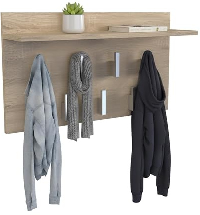 CDF Appendiabiti a Parete con Mensola Pannello Guardaroba da Muro con 7 Ganci per Ingresso Corridoio Ufficio Design Moderno Salvaspazio 70 x 20 x 40 cm - Rovere Sonoma