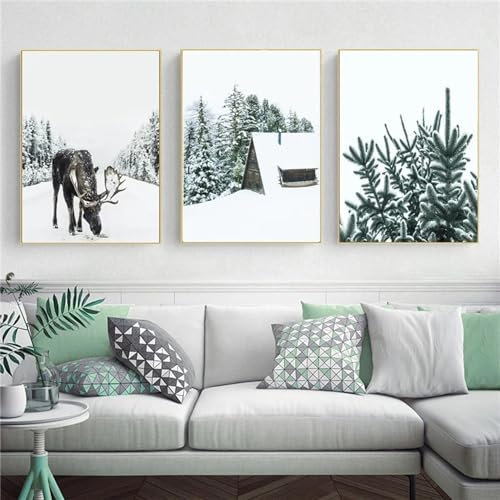 3er Poster Set Wandbilder Winter Bilder, Elch, Holzhaus, Modern Bilder Deko Wanddeko, Leinwand Drucke Schlafzimmer Wohnzimmer Bilder, Ohne Rahmen (30x40cm)
