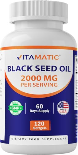 Vitamatic Black Seed Oil 2000 mg Per Serving, Cold-Pressed Nigella Sativa (Black Cumin) Oil, High Potency Softgels for Daily Wellness Support, 120 Count