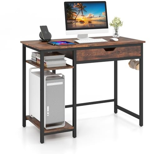 COSTWAY Schreibtisch, Kleiner Computertisch mit Schublade & verstellbarem Regal, PC-Tisch mit Kopfhörerhaken, Bürotisch für Homeoffice, Arbeitszimmer, 100 x 50 x 76 cm, Rustikales Braun