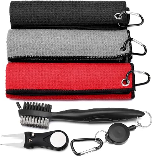 3-in-1 Golfzubehör Set,Mikrofaser Handtuch mit Karabiner Rot,Grau,Schwarz | Golfschlägerbürste Faltbare Pitchgabel Golf Accessoires für Herren Mehrfarbig