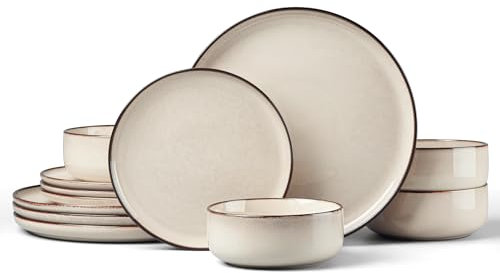 HaWare Dinner Set, 12 Piece Stoneware Dinnerware Service for 4, Reactive Glaze Dining Ware Include Plates and Bowls, Chip and Scratch Resistant, Microwave & Dishwasher Safe, Cream Khaki