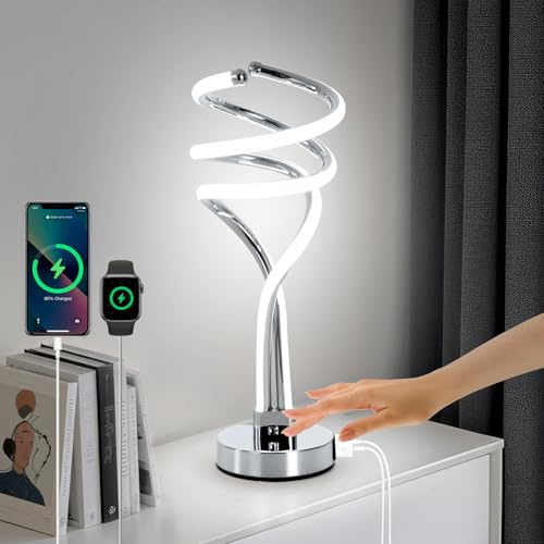 EIDISUNY Modern LED Table Lamp, 3 Color Temperatures,Touch Control Curve Dimmable Bedside Table Lamps with USB Ports, Touch Control LED Nightstand Lamp, Desk Lamp for Living Room, Bedroom - Silver