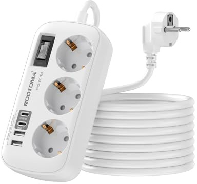 Verlängerungskabel 3M mit Überspannungsschutz Mehrfachsteckdose 4 USB | 3 Fach Steckdose mit Überlastschalter Wandmontage für Home Office, weiß