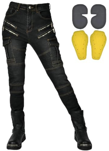 QIYUANT Damen Motorradhose Motorrad Jeans Reiten Schutzhose Denim Reißfester Stretch Vintage Casual Herren Jeanshose mit Abnehmbar Rüstung Protektoren (Schwarz, M)