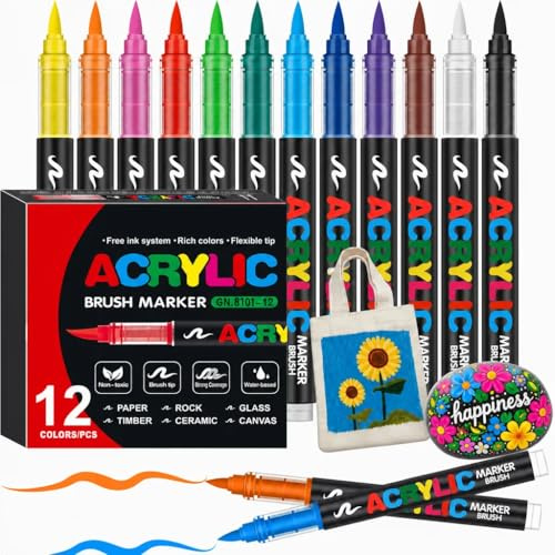 Bonala 12 Pennarelli Acrilici a Punta Pennello – Set di 12 Colori, Impermeabili e ad Asciugatura Rapida, per Sassi, Tessuti, Legno, Vetro, Ceramica, Metallo, Tela e Plastica