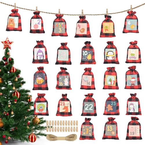 Weihnachts-Leckerli- , leuchtet im Dunkeln, 24-Tage-Countdown-Kalender, Kordelzugbeutel – Goodie Bags Weihnachten | für Schokolade, Nüsse, kleine Spielzeug, Lutscher, Knallbonbons, -Armbänder