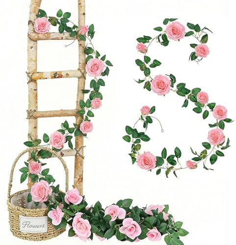 13.2ft Flower Garland with Lights, 2 Pink Rose Floral Garland with 6M String Lights, Artificial Rose Vine with Flowers for Wedding Anniversary Table Runner Centerpieces Party Backdrop Room Decor