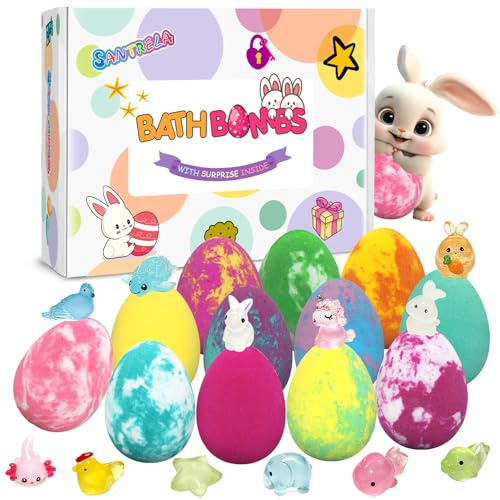 Easter Bath Bombs for Kids with Toys Surprise Inside, 12 Pack Kids Bath Bombs Easter Basket Stuffers Gift for Girls Boys, Bubble Bath Fizzy Dinosaur Egg for Kids Birthday