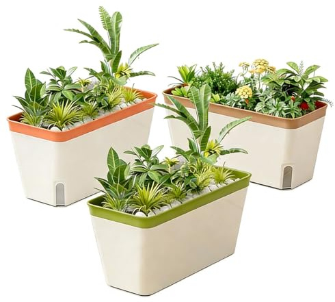 Weciau Self Watering Plant Pots, 3Pcs 10.5 Inch Rectangular Windowsill Planter Box with Water Level Window and Drainage Hole, Modern Plastic Indoor Planter for Herbs, Vegetables, Succulents Plants