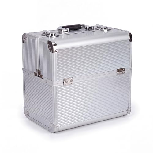 N&BF Kosmetikkoffer Groß Silber Alu | Abschließbarer Schminkkoffer & Beautycase aus Aluminium | Nagelkoffer mit 4 Ausklappfächern | Makeup Koffer & Friseurkoffer 36,5 x 22,5 x 35,5 cm