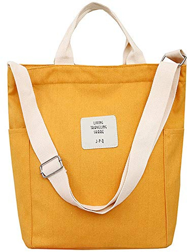 WANYIG Bolsa de Playa Grande Tote Bag Mujer Estilo Coreano Bolso de Mano Mujer con Cremallera Bolso de Escuela Crossbody Bag Lona con Correa Ajustable (Amarillo)