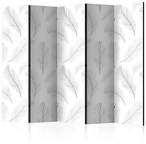 decomonkey Paravent Raumteiler Innen Feder Weiß 225x172 cm 5 Teilig Einseitig Room Divider Wall Raumteiler Stehend Trennwand Sichtschutz Spanische Wand Sichtschutzwand Wohnzimmer Holz Ornament