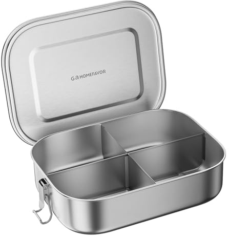 G.a HOMEFAVOR Boîte Bento en Acier Inoxydable 1400ml Grande Boîtes-Repas 4 Compartiments Boîte à Lunch en Métal Boite pour Le Déjeuner Alimentaires Bento Box étanches pour Enfants Et Adultes