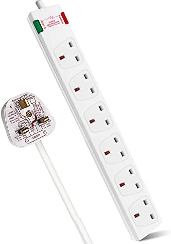 EXTRASTAR 6 Way Extension Leads with Surge Protection, 13A 3120W Approved British UK Wall Mounted Power Strips with 3 Metre Extension Cord for Home, Office - White