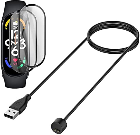 GEJEFA Cargador Compatible con Xiaomi Mi Band 7 Cargador + 2 Pack Protector De Pantalla para Xiaomi Mi Band 7, Cable de Carga de Repuesto Base de Carga USB Cargador (Negro,50cm)