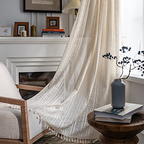 Tospass Vintage Landhausstil Häkeln Stricken Vorhang Boho Bohemien Vorhänge Aushöhlen mit Quaste 2er Set Gardinen Outdoor Baumwolle Gardienen für Wohnzimmer Schlafzimmer Curtains 150x180 cm Beige