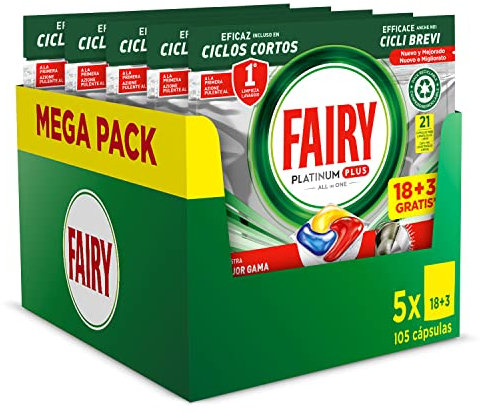 Fairy Platinum Plus Todo en Uno Pastillas Lavavajillas, 105 Capsulas Lavavajillas (5 x 21), Limpieza Profunda y Extra Brillo, Fragancia Limon