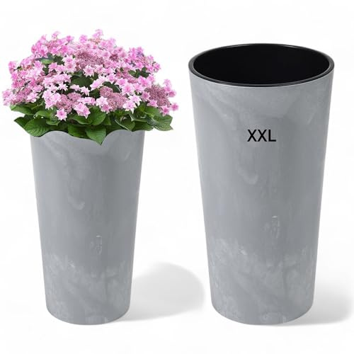 MELTOM Blumenkübel Beton Effekt mit Einsatz Slim Hoch Rund Grau, Größe: DxH 40 x 77 cm