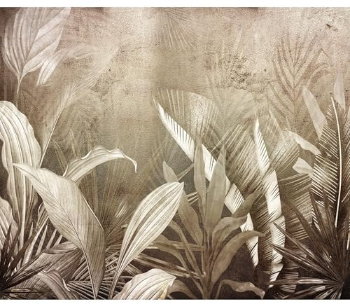 decomonkey Premium Fototapete Pflanzen 400x280 cm Tapete Fototapeten Vlies Tapeten Vliestapete Wandtapete moderne Wand Wandbild Schlafzimmer Wohnzimmer Deko Abstrakt Blätter Laub Steinwand braun beige