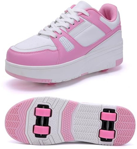 XRDSHY Sportschuhe Skateboard Outdoor Gymnastik Turnschuhe Schuhe Mit 4 Rollen Freizeitschuh Drucktaste Einstellbare Skateboardschuhe Für Kinder Mädchen Junge Erwachsene,Pink-35 EU