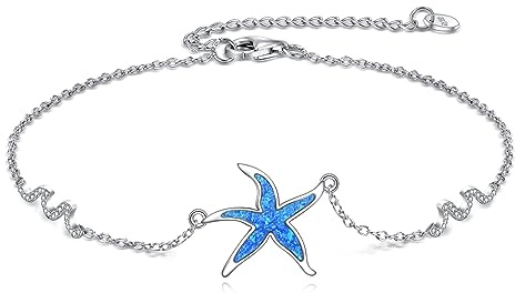 YAFEINI Blauer Opal Fußkettchen für Damen 925 Sterling Silber Meerestiere Strand Fußkettchen Jakobsmuschel/Seestern Welle Schmuck Geschenk für Mädchen