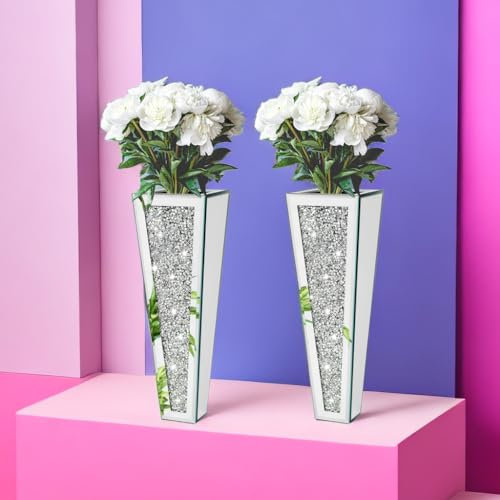 Silver Wall Mount Vase with Crushed Diamond 2 Pack,40cm Large Personalised Countertop Bling Diamond Mirror Flower Vase for Hanging Planter,Container Living Room,Boutique Hotel Decor