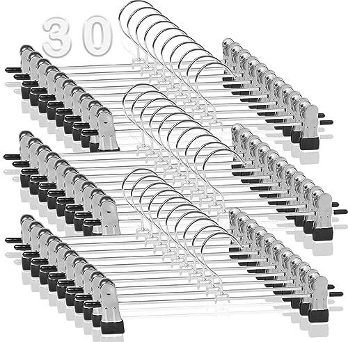 MXCOCO 30pcs Perchas para Pantalones con Clip, Clip Pantalones Antideslizantes, Clips de Goma sin Arrugas, Perchas de Acero Inoxidable con Gancho Giratorio para Faldas y Jeans (40CM)