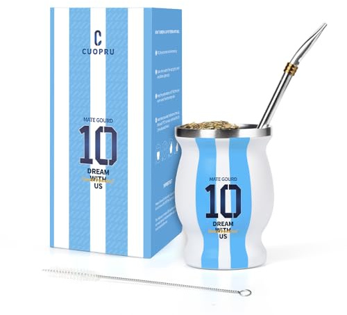 Argentina Captain No.10 Yerba Mate Gourd Thermos en acier inoxydable à double paroi pour garder au chaud/café glacé, yerba mat, eau, thé et bière, avec paille d'ampoule, brosse de nettoyage
