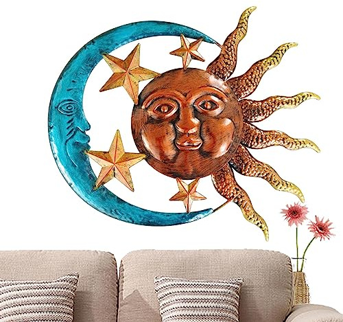 Moxeupon Wanddeko für Terrasse, aus Metall, Sonne und Mond, Wanddekoration, Mondskulptur, wiederverwendbare Wandskulptur aus Metall, zum Aufhängen von Kunstdekorationen für die Barriere,