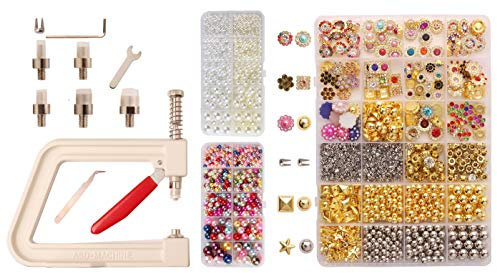 Máquina de ajuste de perlas, herramienta de prensado manual de remaches de cuentas hechas a mano con dos cajas de cuentas de colores Remaches de perlas for ropa/zapatos/sombreros/bolsos/faldas/manuali
