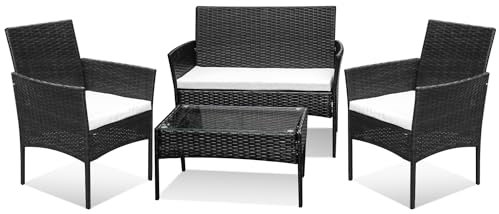 Herrselsam Polyrattan Gartenmöbel Set, Sitzgruppe Wetterfest, Balkonmöbel 7 teilig mit 2er Sofa, 2 Stühle, Tisch & Sitzkissen, Outdoor Möbel für Terrasse Balkon Garten, Schwarz