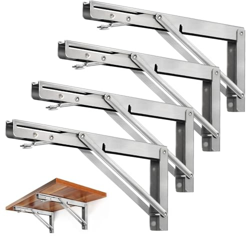Storystore Folding Shelf Brackets - 8 Inch Heavy Duty Stainless Steel Collapsible Shelf Bracket for Bench Table, Space Saving DIY Bracket, Max Load: 550lb (4 PCS)