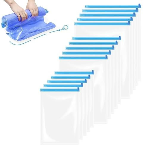 15 Pezzi Sacchetti Sottovuoto Vestiti Viaggio, Sacchetti Sottovuoto Vestiti Senza Pompa, Sacchetti Salvaspazio, Vacuum Storage Bags Riutilizzabili, Kit Sottovuoto Da Viaggio In Rotolo A Mano