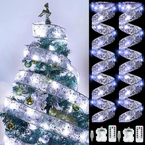 YeahBoom 2PCS Guirlandes Lumineuses à Ruban Brillant, 2×6M 60 LEDs, Ruban Sapin Noël LED, Guirlande Décorative Nouvel An, Arc en Dentelle DIY à Piles pour Décor de Noël