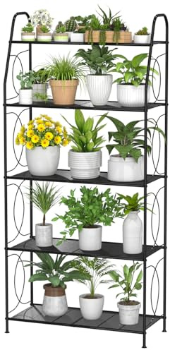 VyGrow Pflanzenständer mit 5 Etagen, für drinnen und draußen, robustes Pflanzenregal, Metallgitter, hoher Pflanzenständer, Halter für Wohnzimmer, Balkon und Garten, Schwarz
