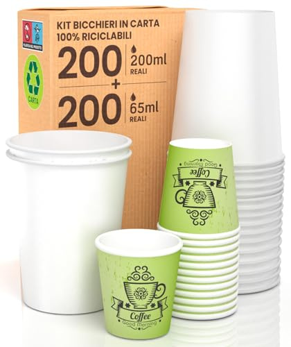 Kit 200 Bicchieri in Carta Bianchi 200ml da Asporto Bevande Calde e Fredde + 200 Bicchierini in Carta Fantasia CuzcoCup Green 65ml per Caffè ColorMix1 Ecologici Biodegradabili Monouso