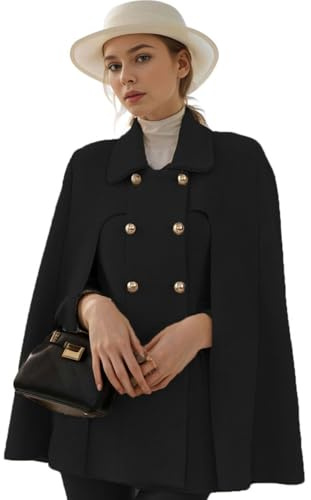 CHARTOU Women's Elegant Poncho Double-Breast Slit Sleeve Flowy Wool Blend Cape Cloak Coat (Small, Black)