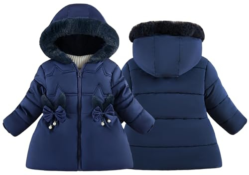 Happy Cherry - Chaqueta de plumas con capucha y piel acolchada para invierno, manga larga, cálido, chaqueta de nieve, gruesa para niños, 1-5 años, azul marino, 3-4 Años