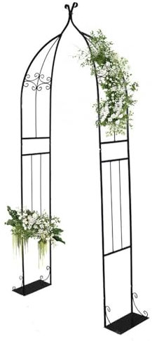6.7 Feet High Garden Arch Gothic Inspired Garden Arbor Trellis European Style Cucumber Trellis Arched Pergola with Base Black/White Tubular Arbour(Black)