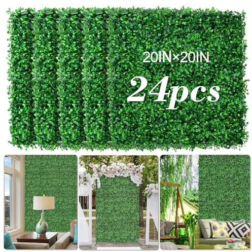 AOKIIE 24 paneles de fondo de pared de césped artificial de 20 x 20 pulgadas, paneles de boj de hoja perenne sintética con protección UV, seto verde para interiores y exteriores, jardín, patio, boda,