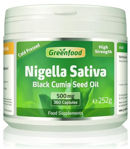 Greenfood Nigella Sativa, Black Cumin Seed Oil, 500 mg, high-dose, 360 softgels - high in unsaturated Fatty acids, Vitamins and Minerals. Without Artificial additives. No GMO