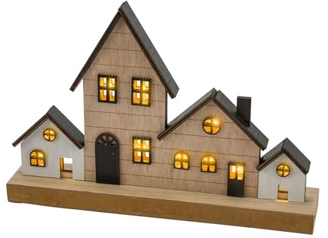 Spetebo LED Weihnachts Stadt Aufsteller aus Holz - 30 x 20 cm - Deko Häuserzeile warm weiß beleuchtet - Weihnachtsdorf Skyline Silhouette Tisch Fenster Advent Dekoration
