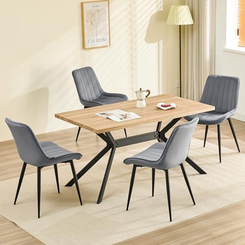 LEWE Esszimmergruppe, Esstisch aus Holz mit 4 Holland Samt Stühle Set, 140 x 80 x 76 cm Tisch, für Esszimmer Küche Wohnzimmer, Langlebig, Rechteckiger Esstisch aus Hellem Holz und Dunkelgrau Stuhl
