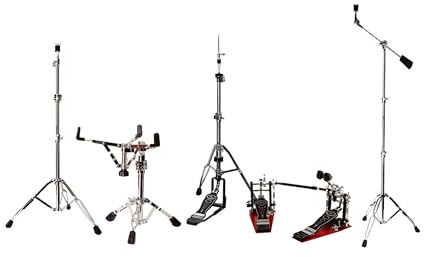 Drum Hardware Set 6-teilig - Snare-Ständer, Beckenständer, Galgenbeckenständer, Hi-Hat-Ständer, Doppelpedal, höhenverstellbar, verchromt, ideal für Drummer