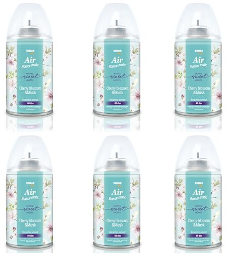 Pack 6 Recambios Aerosol Ambientador Spray Frescor Natural para Difusores y Manual, Esencia para hogar con Aroma Flor de Cerezo & Musco 250 ml