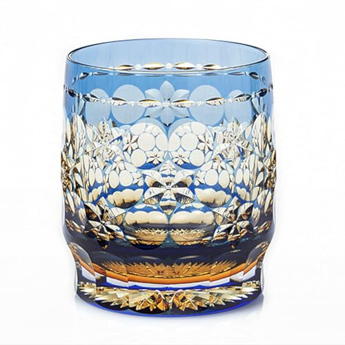JEKE Hand Cut Crystal Whisky Glass 320ml Edo style Whiskey Glasses -Cocktail-Vodka-Beer Drinkingware Glasses In Gift Carton (Amber Blue)