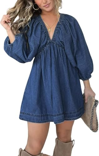 yoeasy Women's V Neck Denim Dress Casual Puff Sleeve Swing Ruffle Flowy A Line Mini Jean Babydoll Dress (Large, Dark Blue)