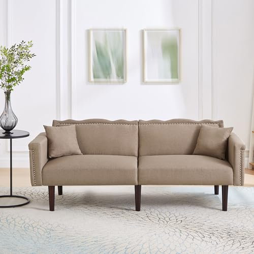 Lexiou Zweisitzer-Sofa, Sofa mit Liegefunktion, unabhängig verstellbare Doppelrückenlehnen, Metallverzierungen, Baumwoll-Leinen-Stoff, hochdichter Schaumstoff (Braun)