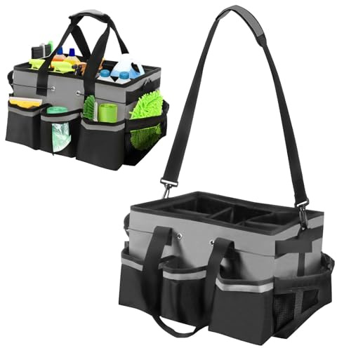 Yallmie Cleaning Caddy Bag with Handle, Cleaning Products Organiser Adjustable Gardening Tool Storage Bag, Caddy Organiser Large Multi Pocket Bucket Tool Bag for Home, Car, Garden, Craft (Grey)